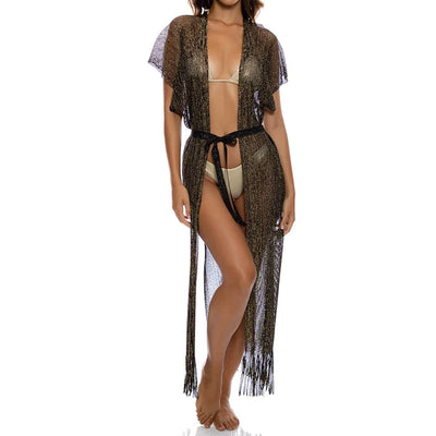 Luli Fama Black Gold Fringe Long Caftan