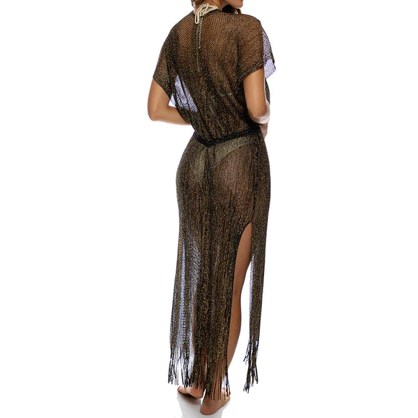 Luli Fama Black Gold Fringe Long Caftan