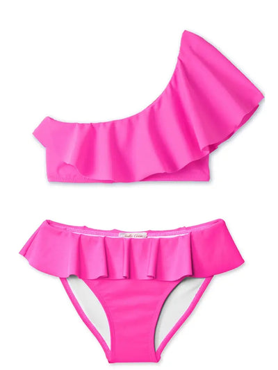Stella Cove Neon Pink Ruffle One Shoulder Girls Bikini