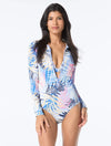 Beach House Sport Majesty Palm Print Sculpt Long Sleeve Zip Front One Piece