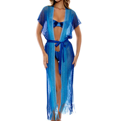 Luli Fama Blue Fringe Long Caftan