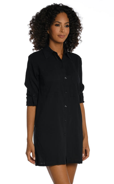 La Blanca Island Fare Black Resort Button Down Shirt Cover Up