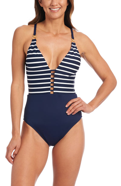 La Blanca Capri Stripe Plunge One Piece - Key West Swimwear