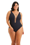 Bleu Rod Beattie Plus Black High Neck Lace Down One Piece