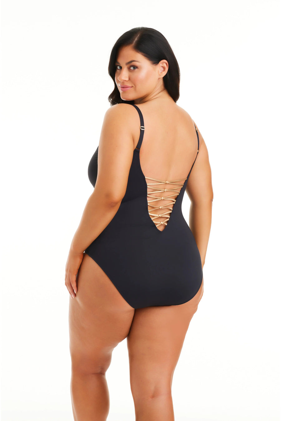 Bleu Rod Beattie Plus Black High Neck Lace Down One Piece