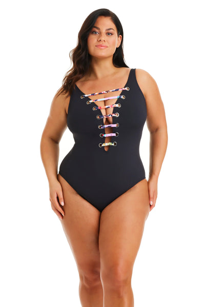 Bleu Rod Beattie Plus Party Animal Lace Down One Piece