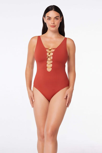 Bleu Rod Beattie Paradise Found Rose Red Lace Down One Piece